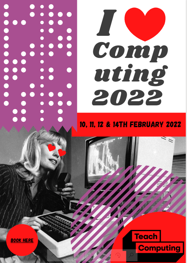 Brochure cover showing vintage picture of woman looking at computer with heart graphics over eyes