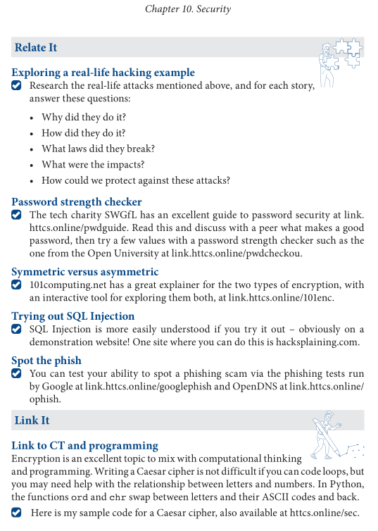 Screenshot from LEARN book, showing some activities for students including "research real-life attacks mentioned above" and six other tasks.
