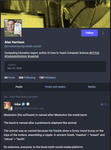 Screenshot of the Mastodon web interface showing the author's profile and a post below giving the look and feel of the website.