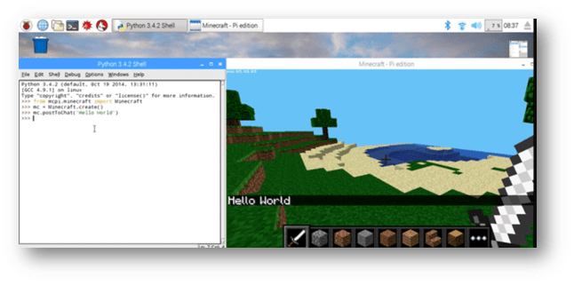 Screenshot of Raspberry Pi showing a Python window on the left and Minecraft on the right. The code says "mc.PostToChat("Hello World") and in the Minecraft world the chat message "Hello World" is visible.