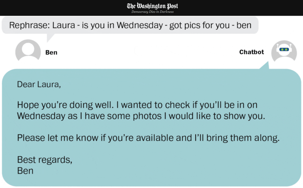 Image taken from Washington Post website. Shows a chatbot conversation. First speech bubble says "Rephrase: Laura is you in Wednesday - got pics for you - ben" and chatbot speech bubble shows a well-formatted, semi-formal letter style message that begins "Dear Laura, Hope you're doing well. I wanted to check if you'll be in on Wednesday as I have some photos... Best Regards, Ben". 